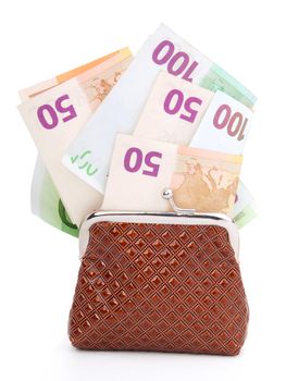 Euro money in purse, isolated on white 