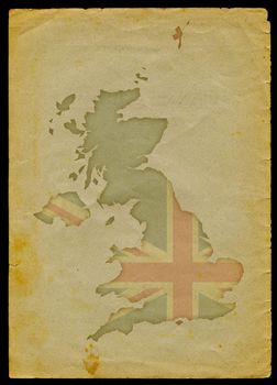 UK map with flag inside engraved on a old paper page

clipping path of the map is included

the source of the image was taken from: 
http://www.lib.utexas.edu/maps/world_maps/time_zones_ref_2007.pdf