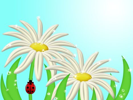 Red Ladybug Climbing Up Daisy Flower Stem Illustration