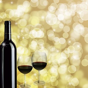 Red Wine Bottle and Two Glasses for Celebration Bokeh Background Illustration