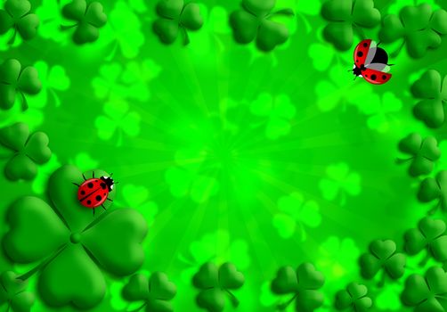 Happy St Patricks Day Shamrock Leaves and Red Ladybugs Illustration