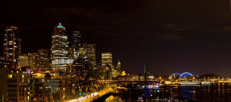 Seattle Washington Skyline along Puget Sound at Night