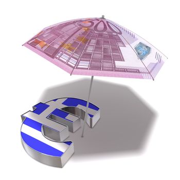 A sunshade covered with a 500 Euro banknote protects an Euro currency symbol with a greek flag on front from the sun