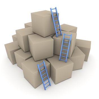 a pile of cardboard boxes - three blue glossy ladders are used to climb to the top