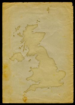UK map with flag inside engraved on a old paper page

clipping path of the map is included