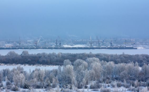 A port on a russian river Volga in the winter