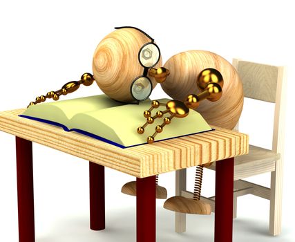 3d wood man sleeping on the book