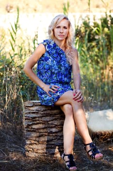 View of a beautiful young girl with a blue dress on the forest.