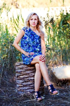 View of a beautiful young girl with a blue dress on the forest.