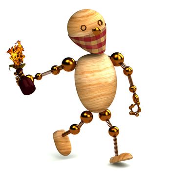 3d wood man with a molotov cocktail