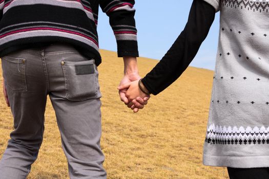 Hand-in-hand. Couple love in autumn scenery 