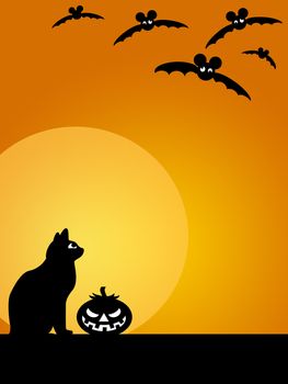 Halloween Carved Pumpkin Black Cat Moon and Flying Bats Illustration