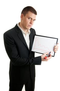 a young businessman showing chart indicating decline