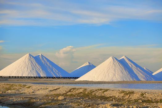 Salt mountains with blue sky at Bonaire, Caribbean