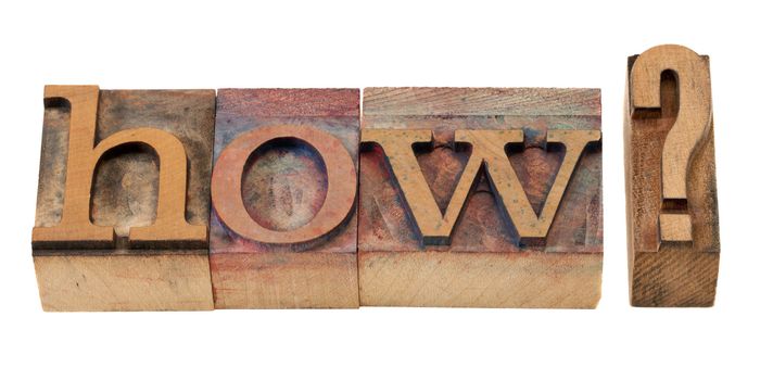 how question in vintage wooden letterpress printing blocks, stained by color inks, isolated on white