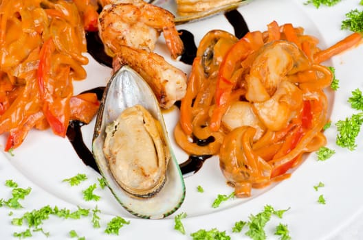 Shrimps mussels and squid tasty seafood dish