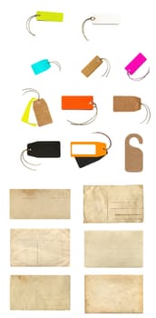 Collage of stationery items including labels, tags, envelopes and postcards