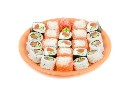Closeup japanese sushi set at plate on a white