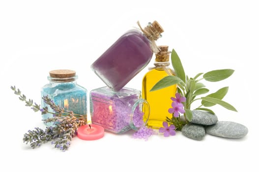 spa still life with perfumes and aromatic herbs
