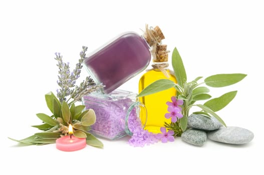 spa still life with perfumes and aromatic herbs
