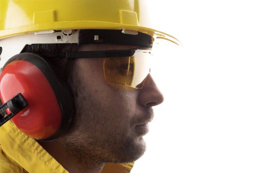 worker with yellow helmet over white

