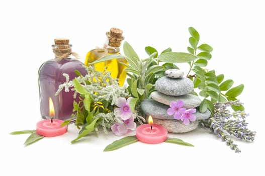 spa still life with perfumes and aromatic herbs
