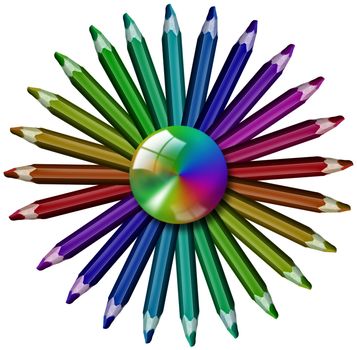Illustration with 24 colored pencils, placed in a circle and the multicolored sphere