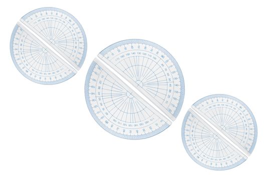 Several blue plastic protractors arranged in formation over white.