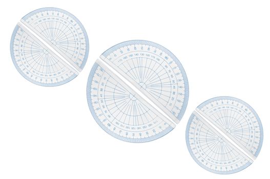 Several blue plastic protractors arranged in formation over white.