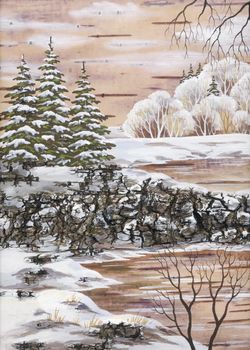 Picture, winter natural landscape. Handmade, drawing distemper on a birch bark