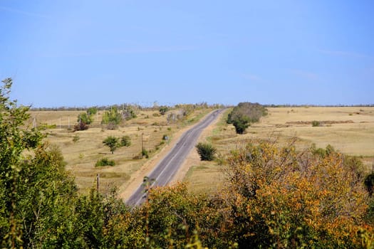 Summer landscape with line of road and blue sky