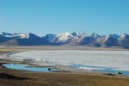 Landscape of snow mountains and frozen lake in the highlands of Tibet in the early spring