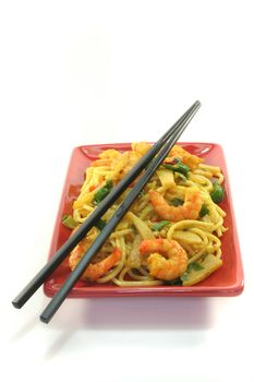 Pasta with Asia-shrimp in Asian dishes