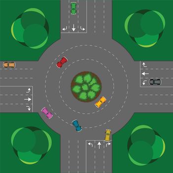 round intersection, cars and trees; abstract vector art illustration