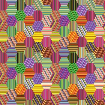 hexagonal stripes patchwork, abstract seamless texture; vector art illustration