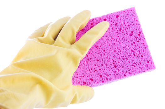 Hand in rubber glove cleaning with sponge over white