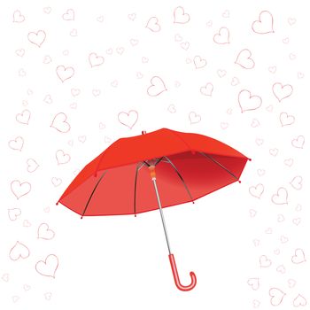 hearts fall and umbrella against white background, abstract vector art illustration