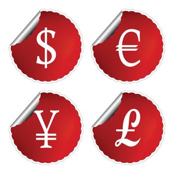 red labels with international currency symbols against white background, abstract vector art illustration