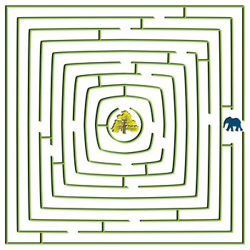 round square maze with elephant and tree, abstract vector art illustration