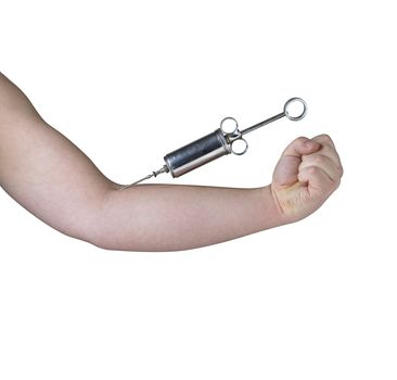 metal syringe in male arm against white background
