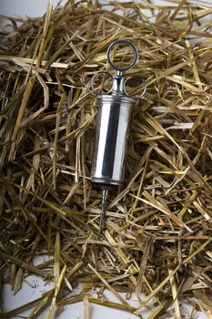 old fashion metal syringe use by vetenarian on a bed of straw