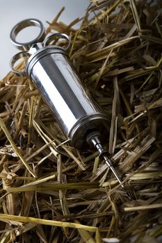 old fashion metal syringe use by vetenarian on straw