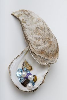 open oyster shell with different gemstone resting on it's lips