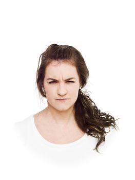 Young surly woman on white background