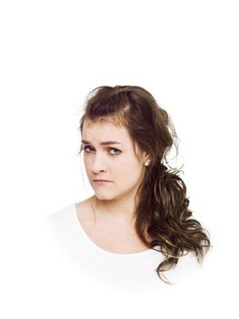 Young serious woman on white background