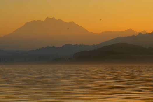 Sunset twilight over Lake Zug in Switzerland.
