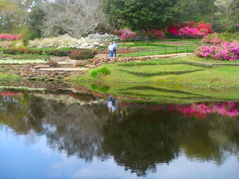 An old couple seen from across the pond at Bellingrath Gardens, Alabama