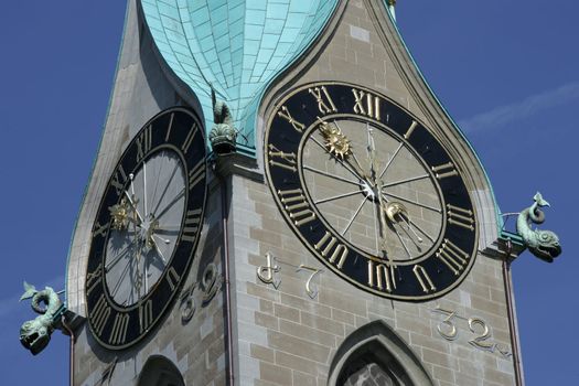 Clock tower in the middle of Zürich, Switzerland
