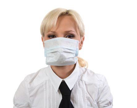 Blonde in medical mask against a white background.