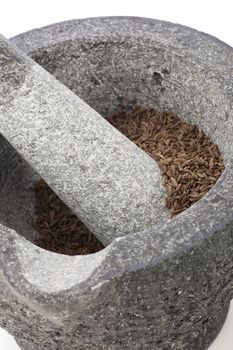 Granite mortar and pestle filled with whole fennel seeds ready for grinding.